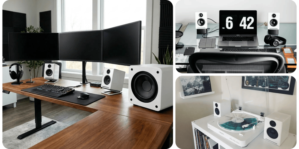 A computer desk with speakers and a monitor