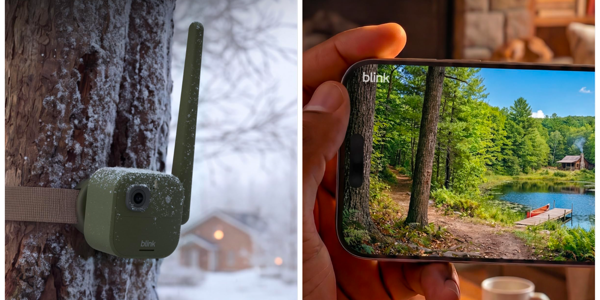 A hand holding a phone with a camera attached to a tree