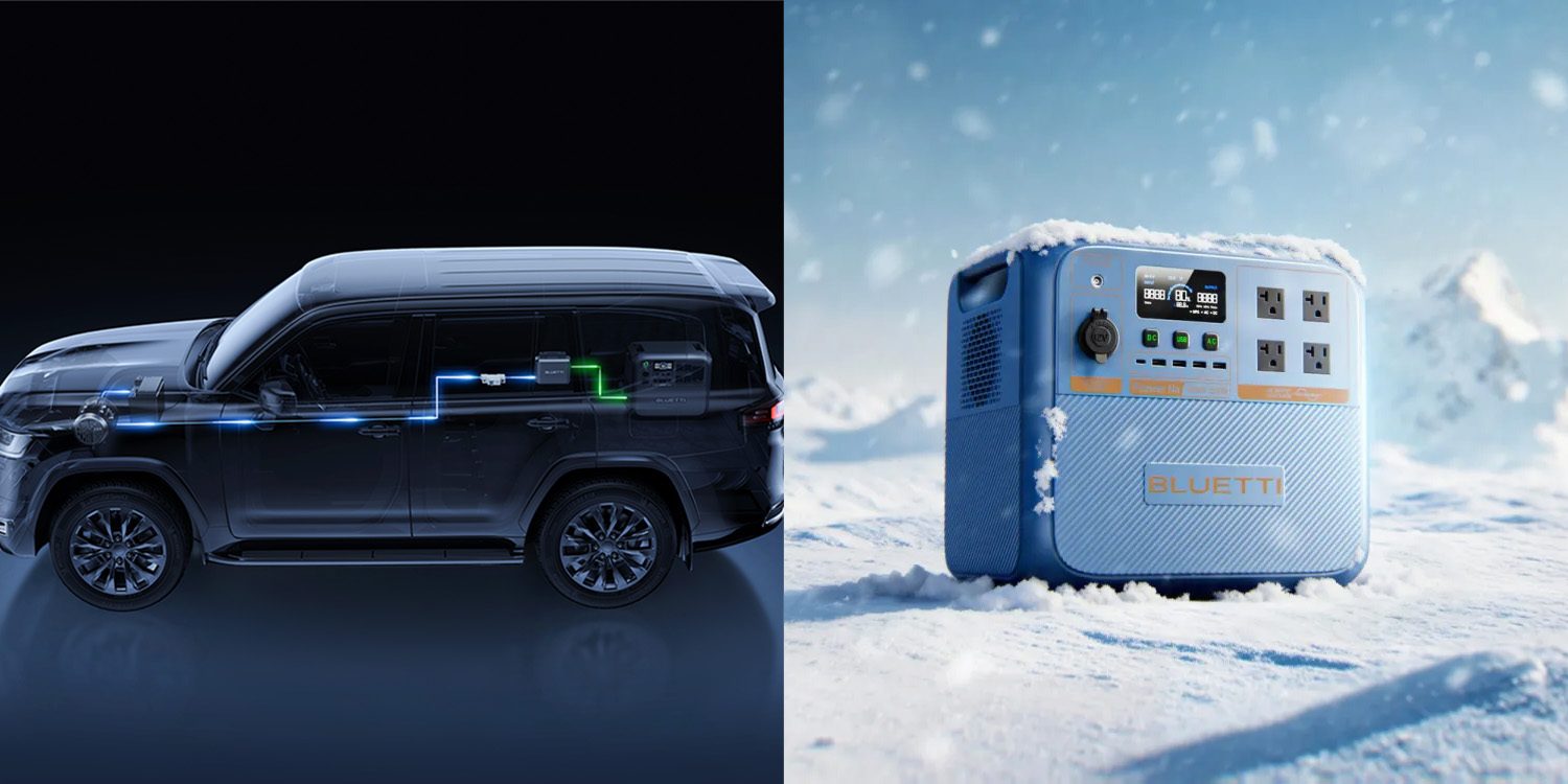 A car with electrical wires and a blue box in the snow