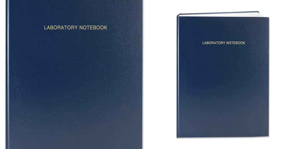 A blue notebook with gold text