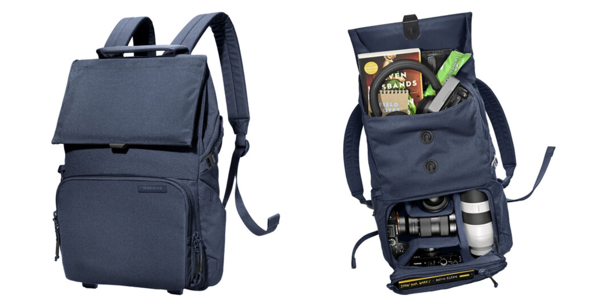 A blue backpack with a camera inside
