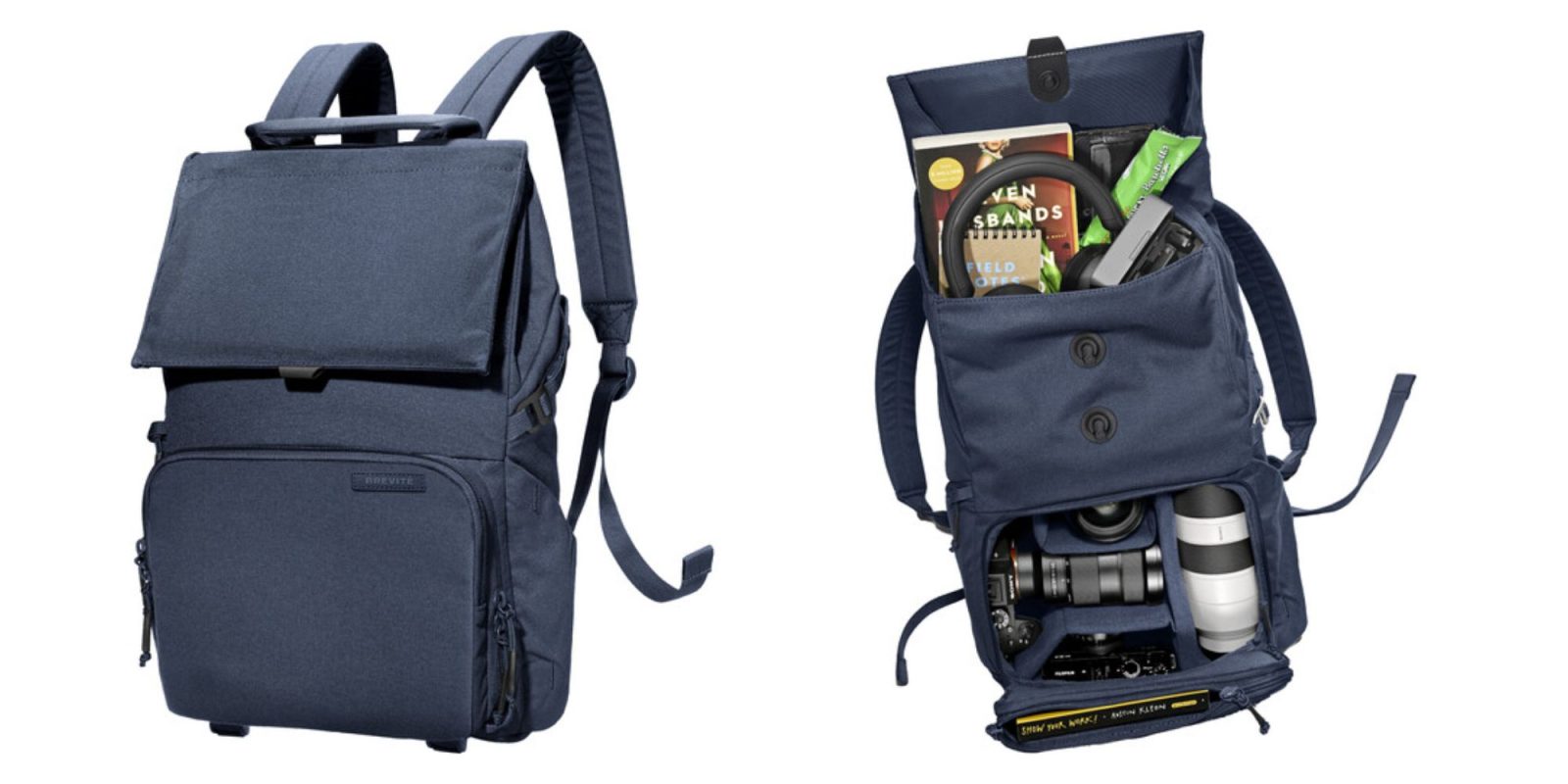 A blue backpack with a camera inside