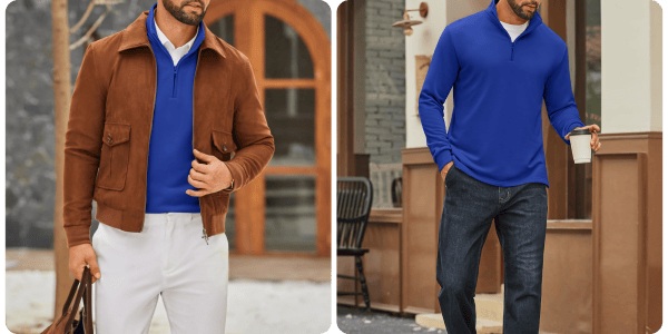 A collage of a man in a blue shirt