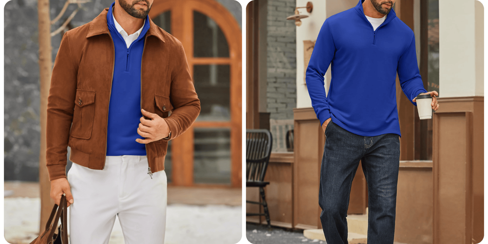 A collage of a man in a blue shirt