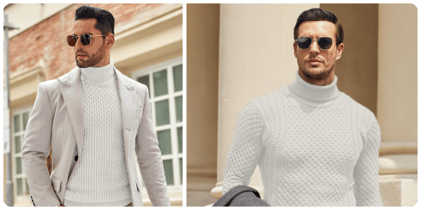 A collage of a man wearing a white sweater and sunglasses