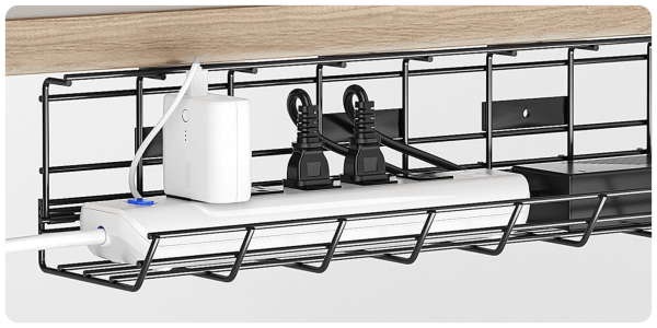 A wire shelf with a couple of plugs