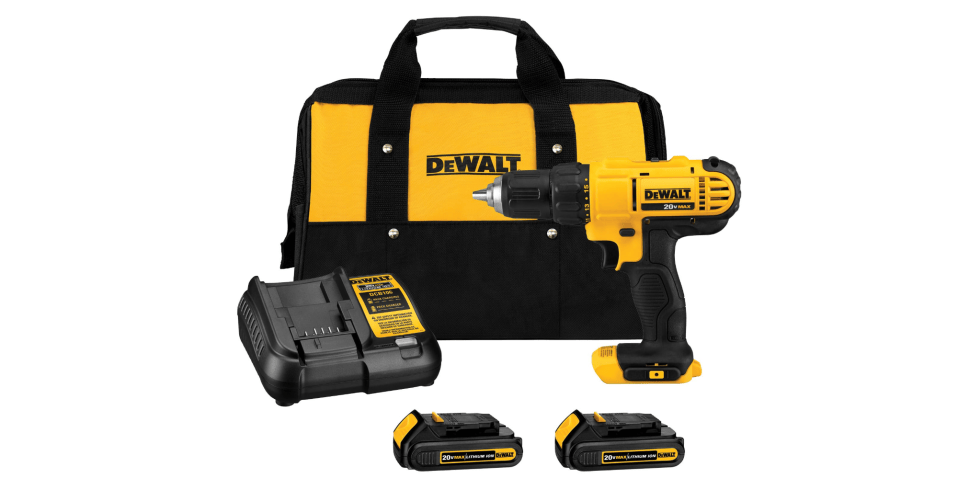 A yellow and black tool bag with a drill and battery