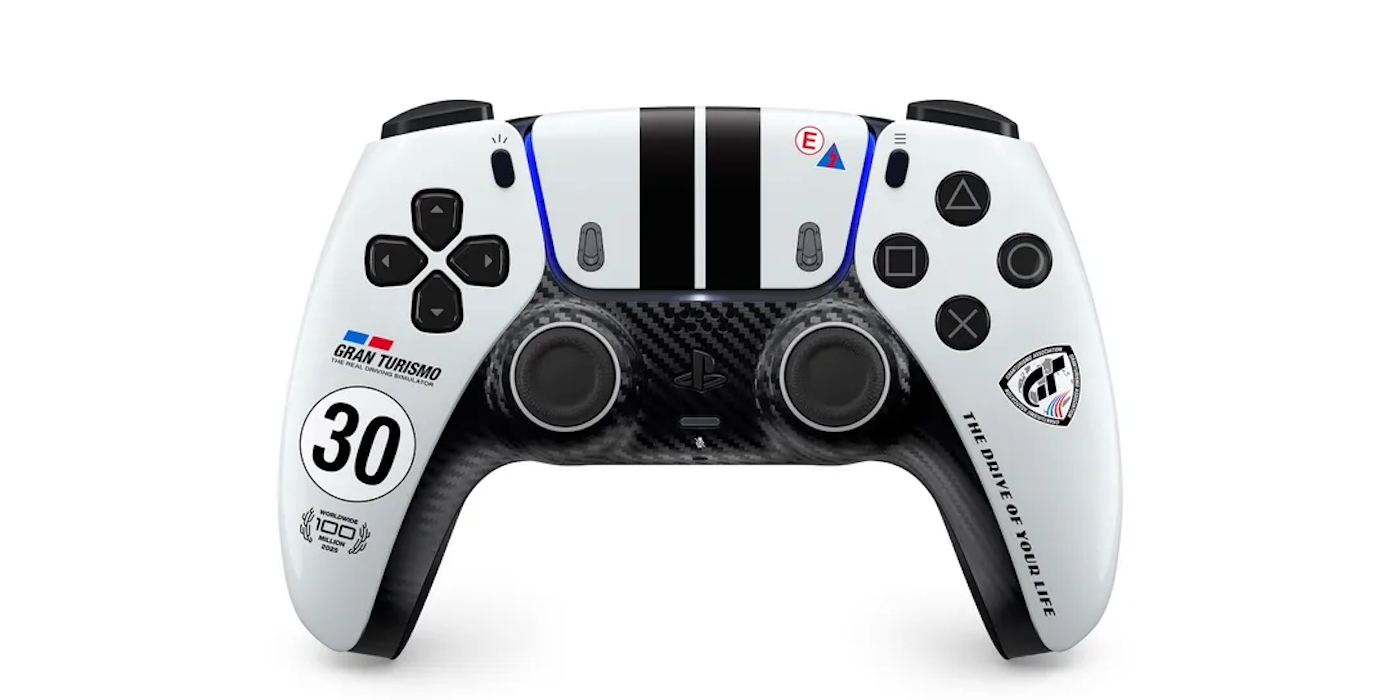A white and black video game controller