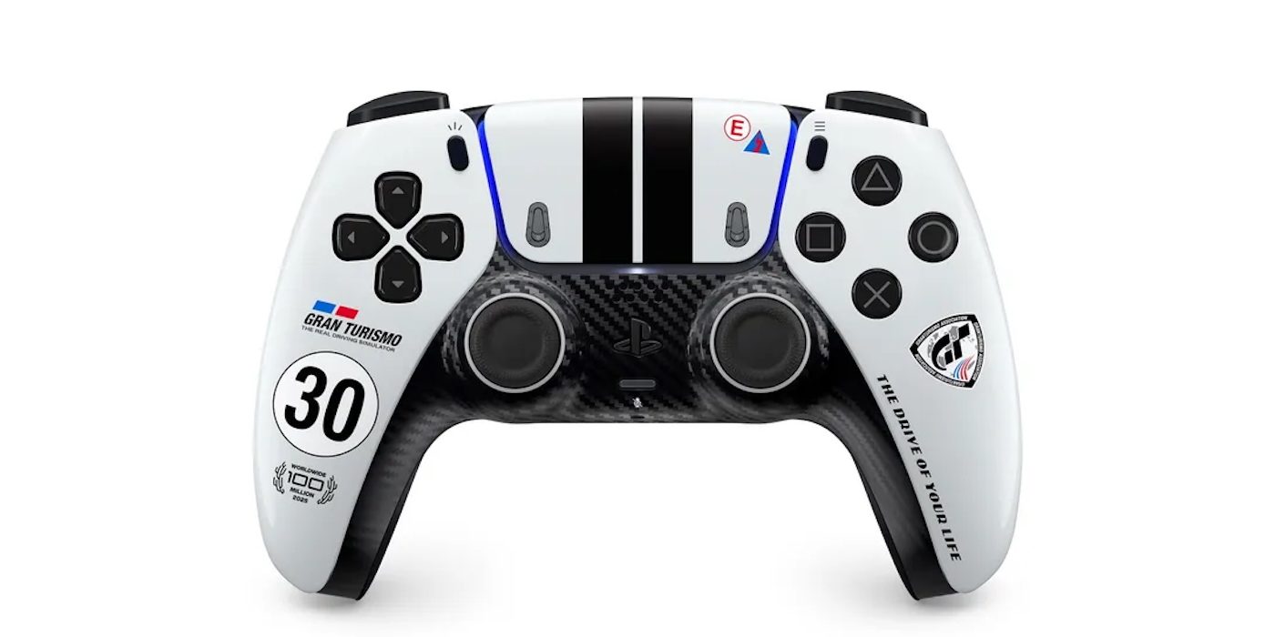 A white and black video game controller