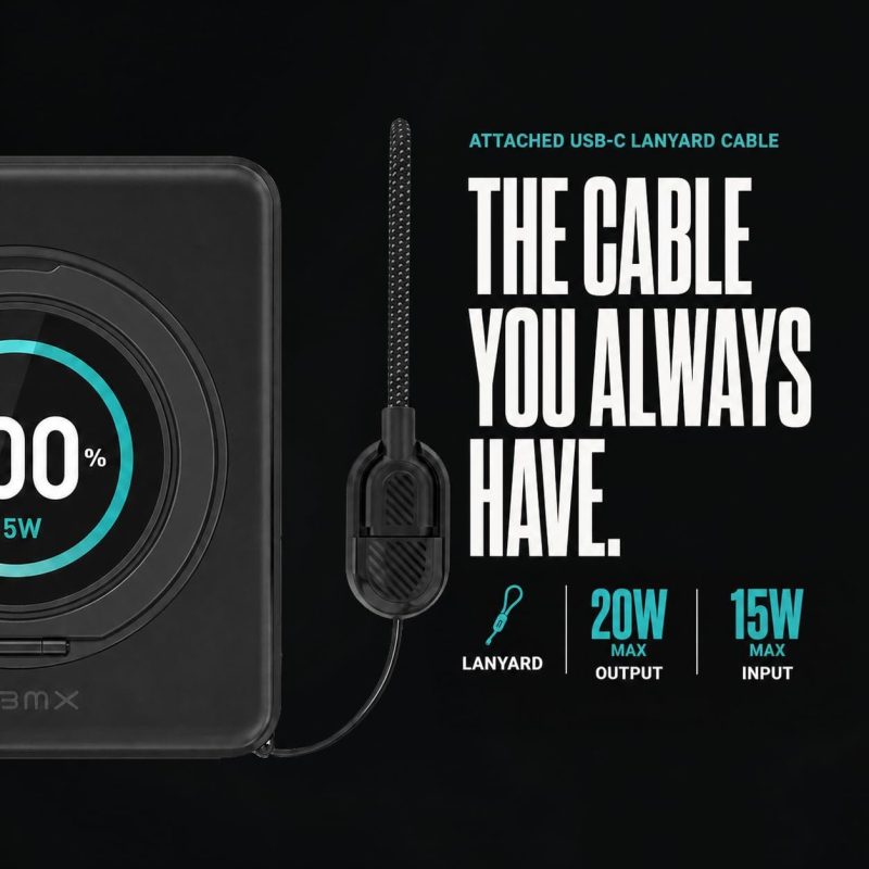 A black rectangular device with a cord attached to it