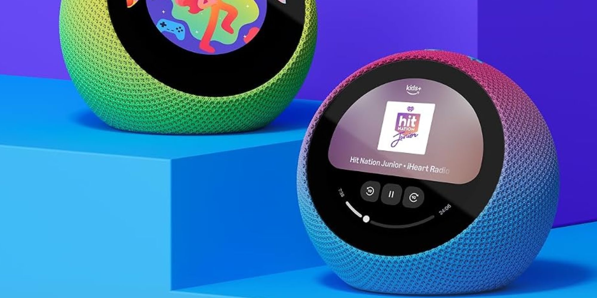A group of round colorful speakers