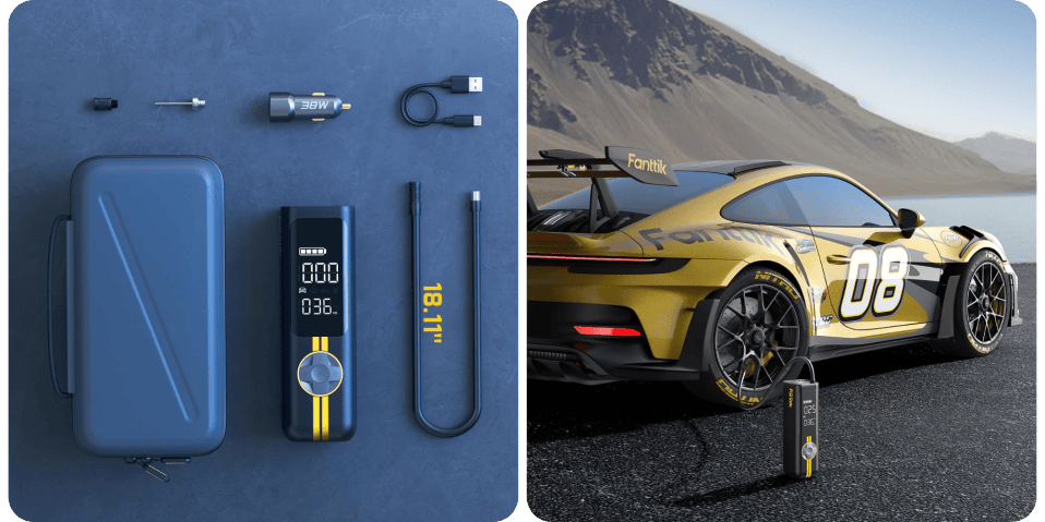 A yellow sports car with a blue and yellow race car