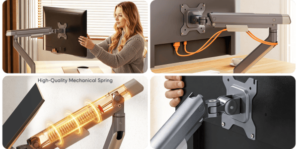A collage of a woman using a computer