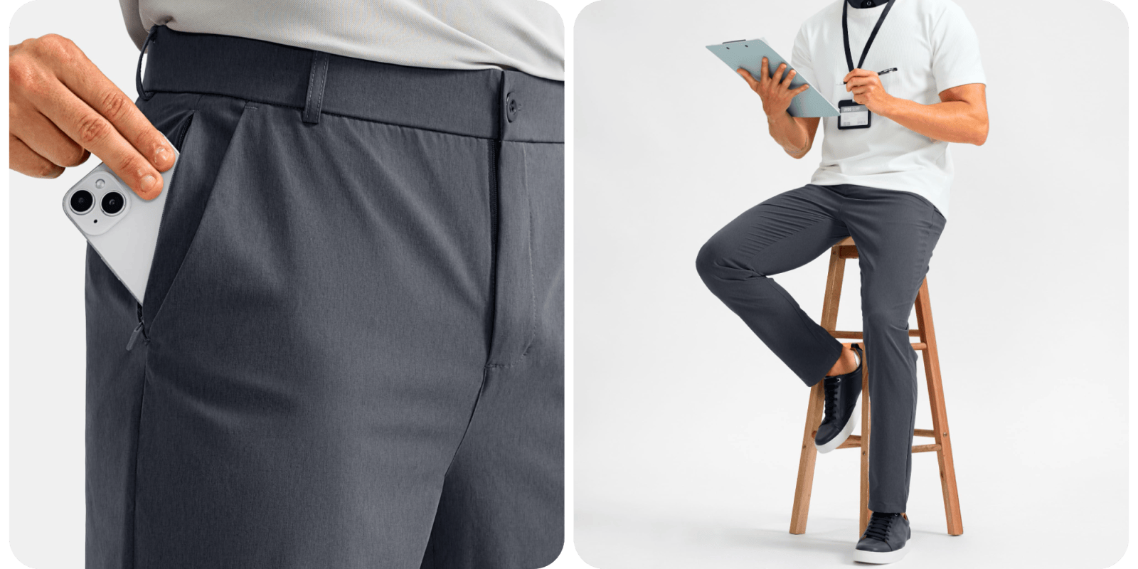 A man sitting on a stool holding a clipboard