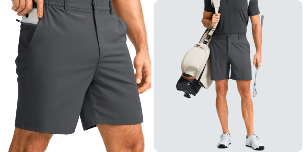 A man wearing grey shorts