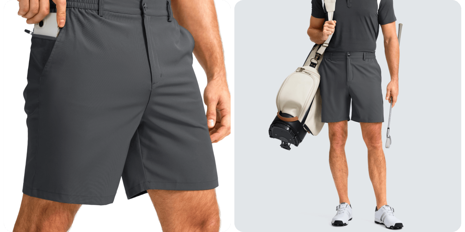 A man wearing grey shorts