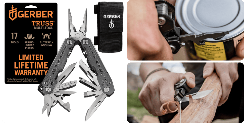 A collage of a person's hand holding a multi tool