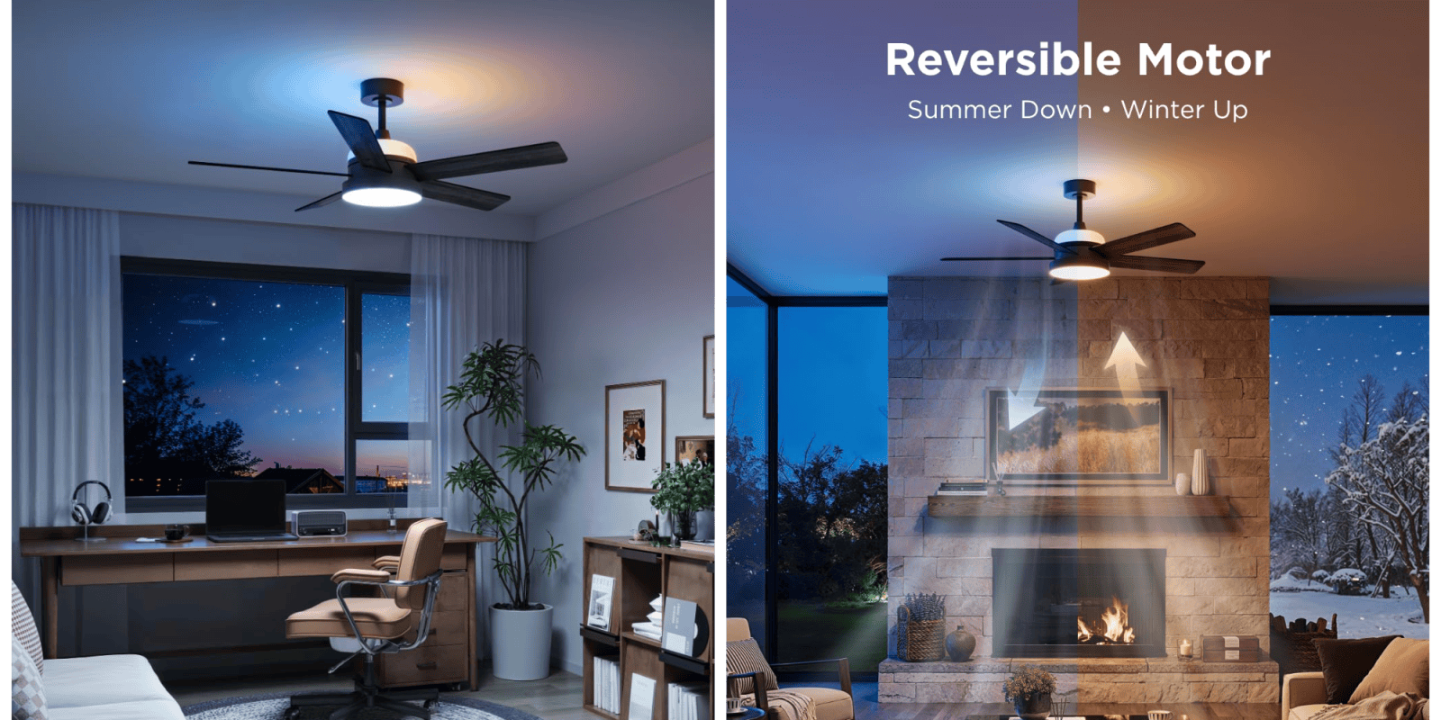 A collage of images of a room with a ceiling fan and a fireplace