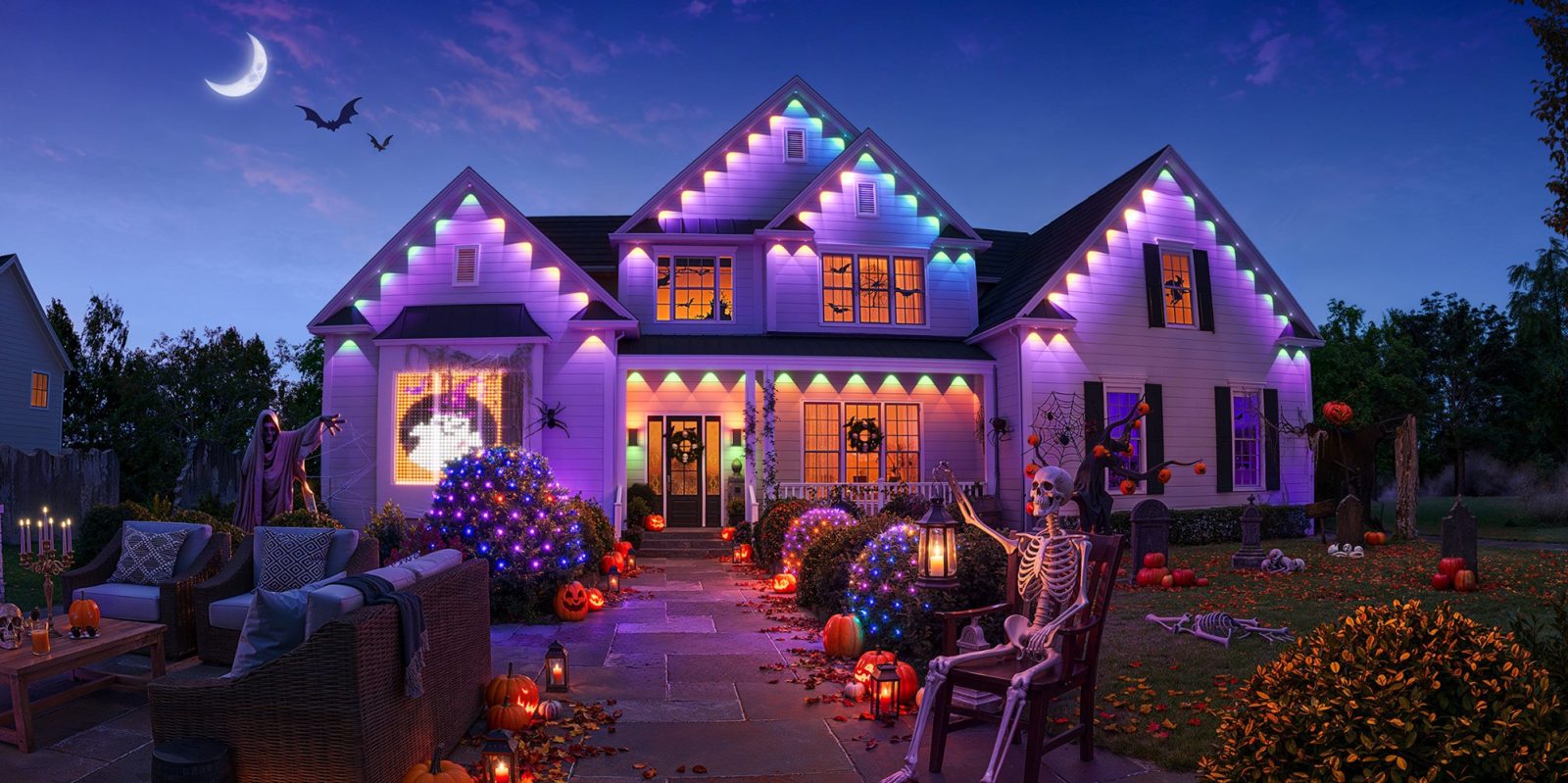 A house with lights and a skeleton in front of it