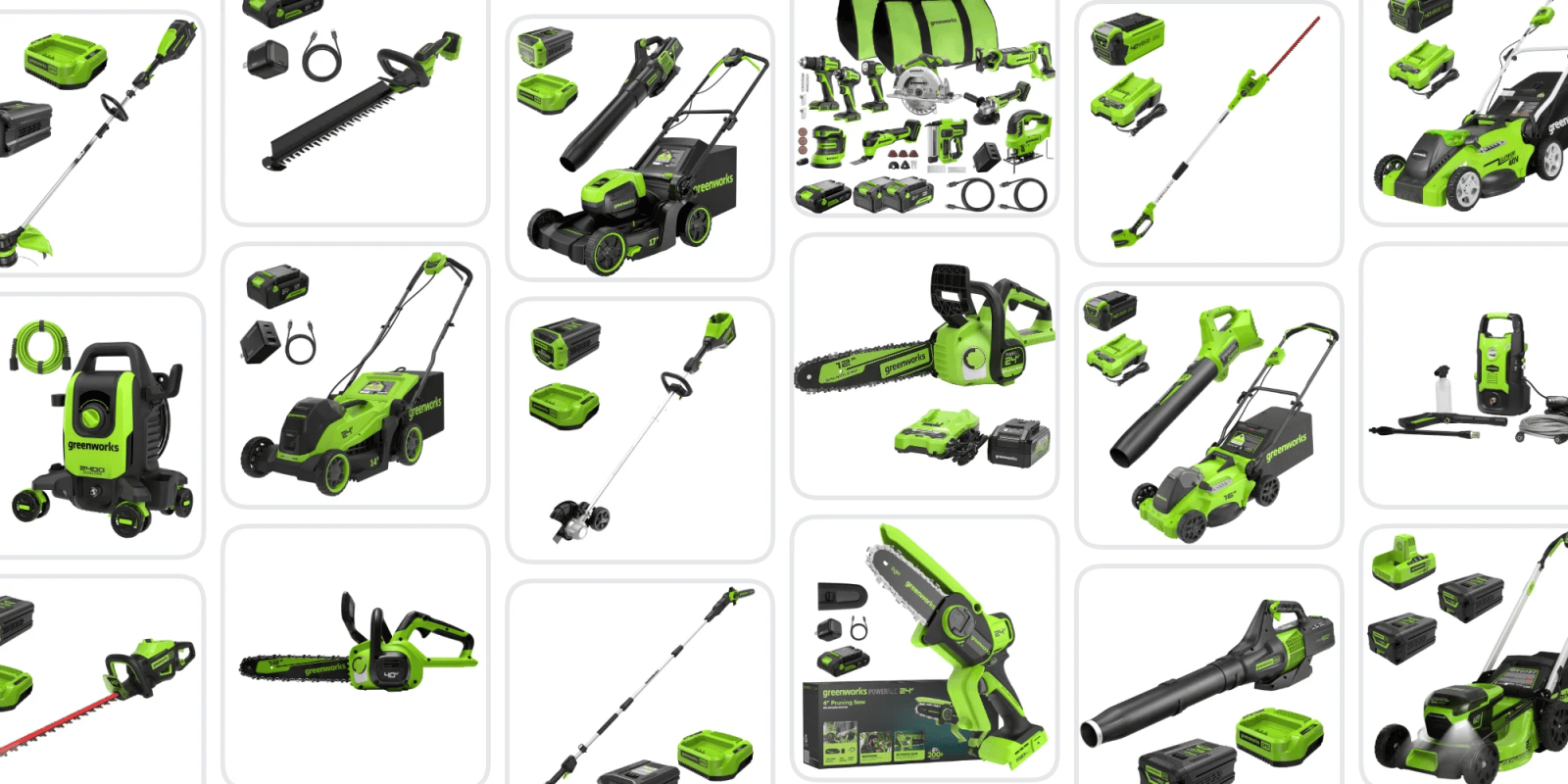 A collage of green and black power tools