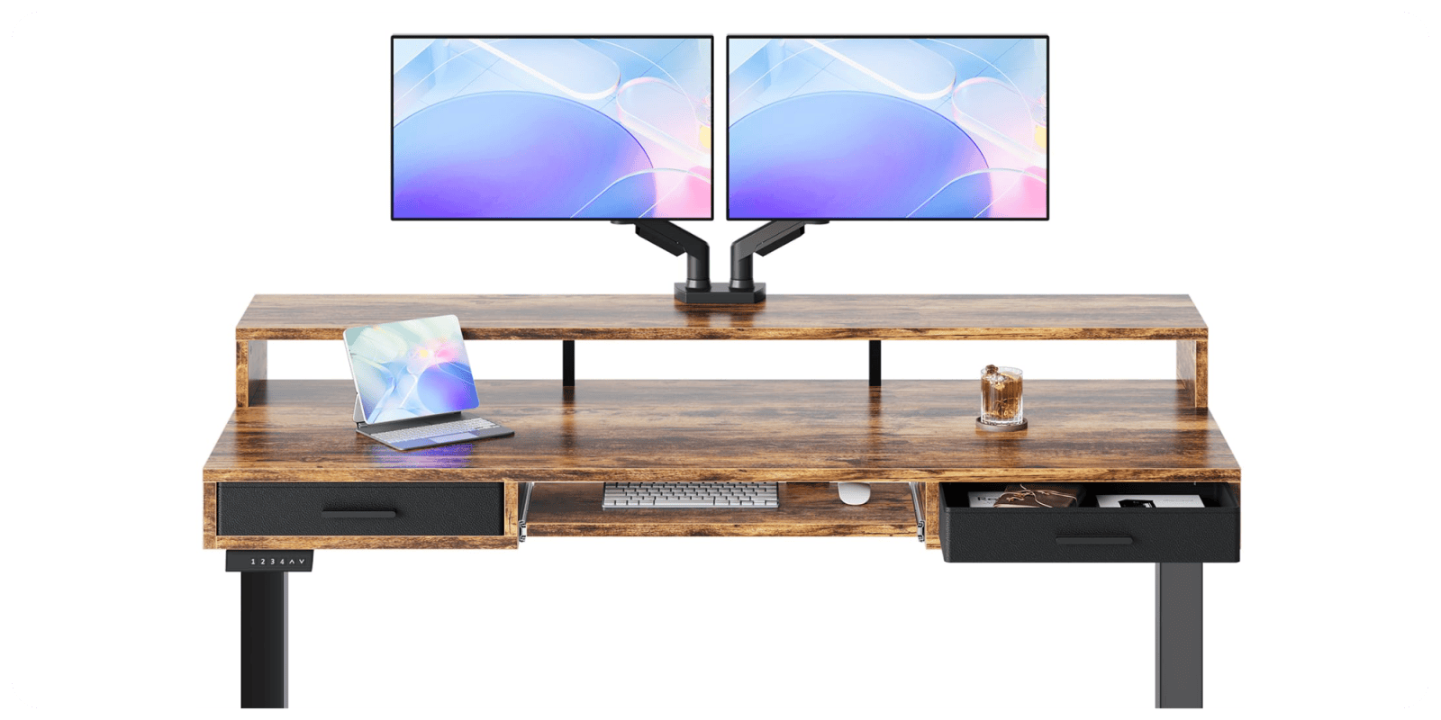 A desk with two monitors and a laptop