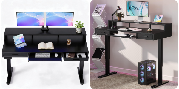 A black desk with a computer and a monitor