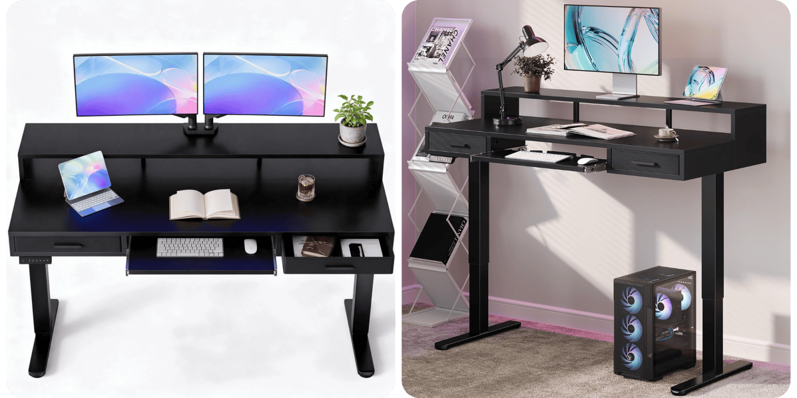 A black desk with a computer and a monitor