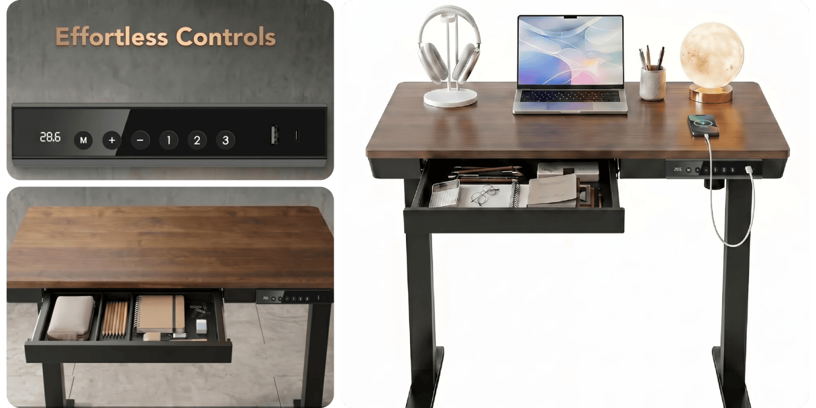 A computer desk with a laptop and headphones on top