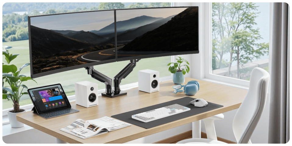 A computer monitor on a desk