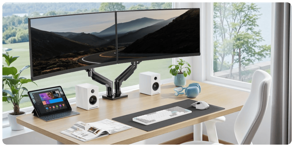 A desk with a computer monitor and a keyboard