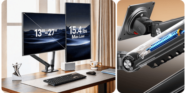 A computer desk with two monitors