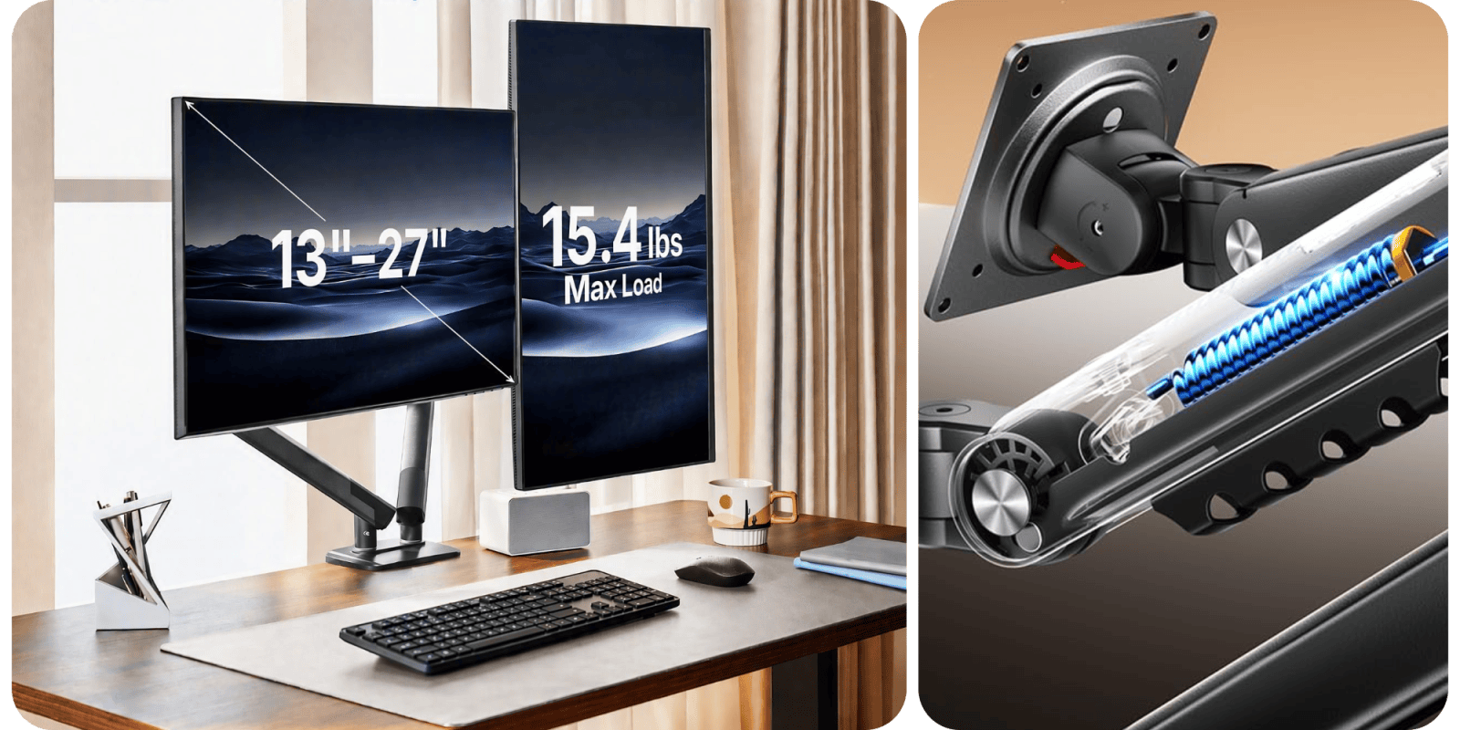 A computer desk with two monitors