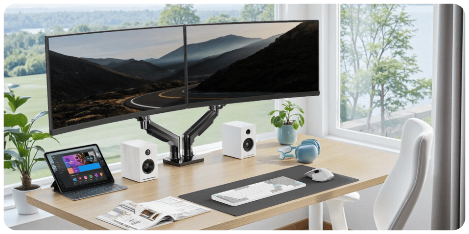 A computer monitor on a desk