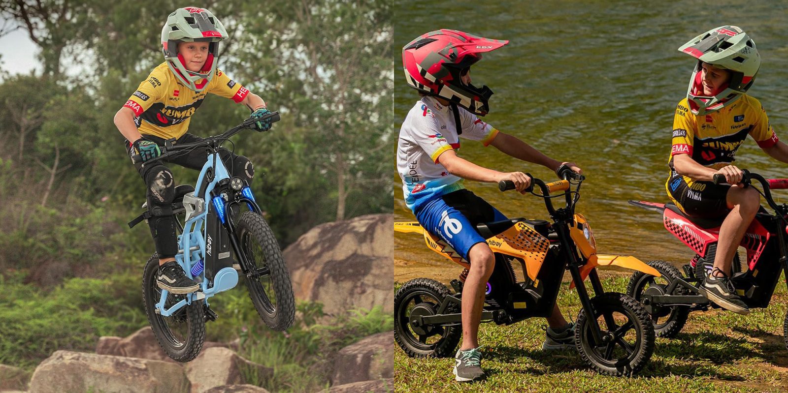A collage of two kids on a dirt bike