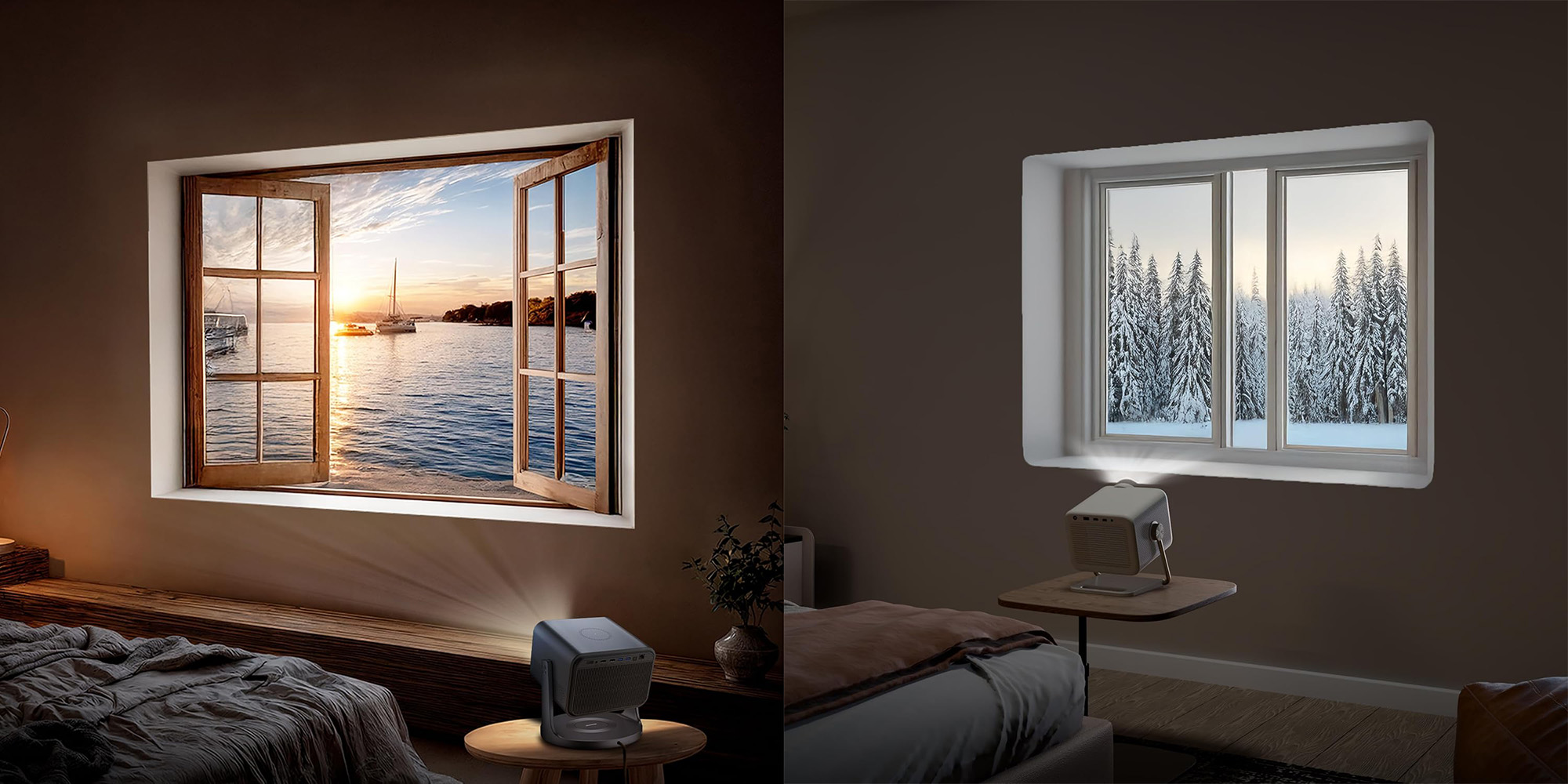 A room with a window and a view of a lake