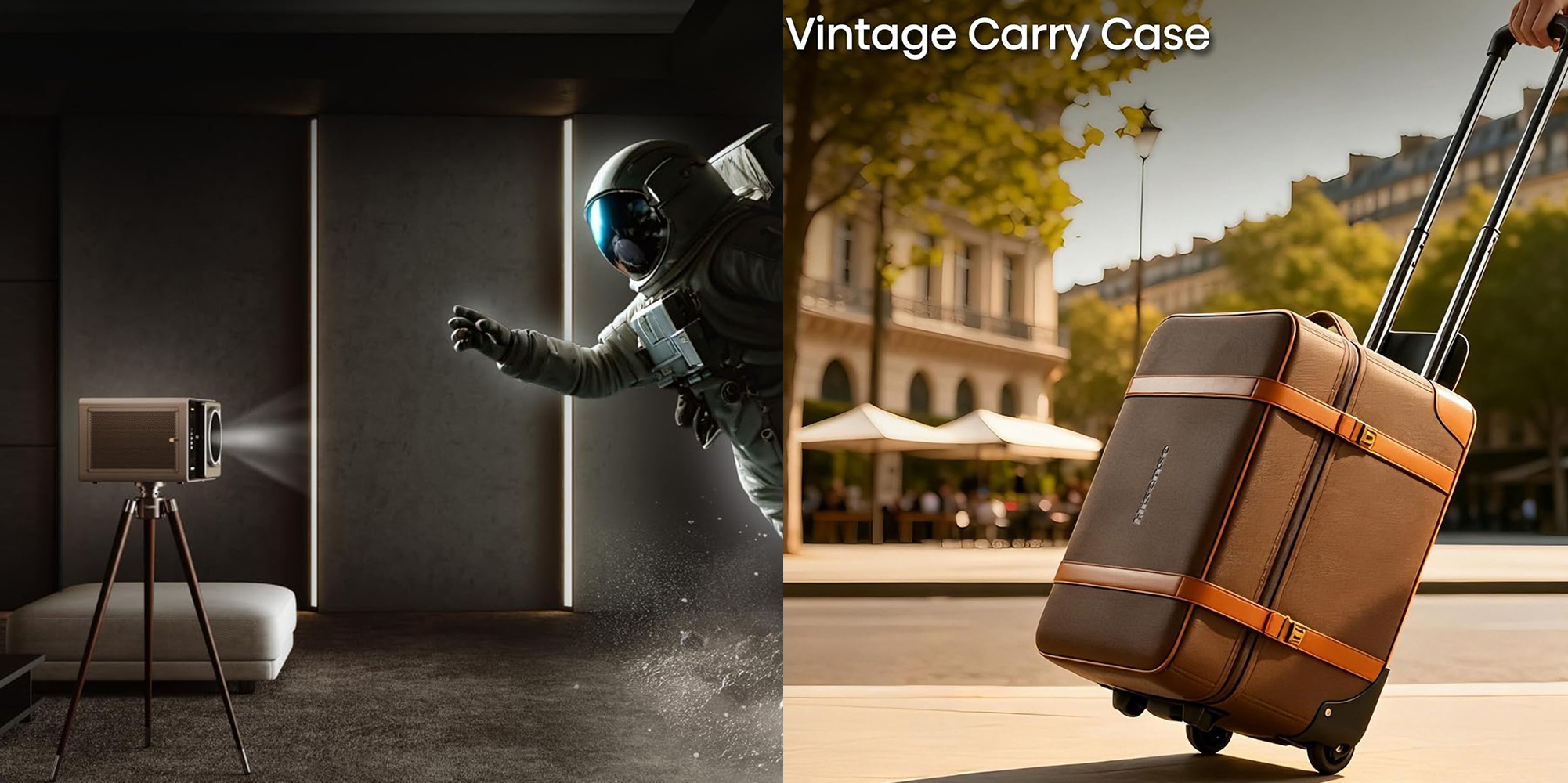 A collage of a man in a suit and a suitcase
