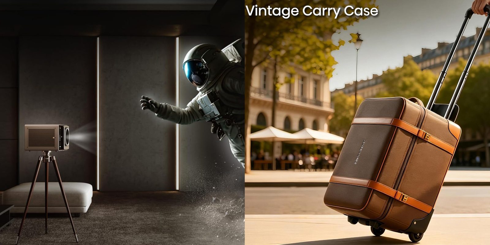 A collage of a man in a suit and a suitcase