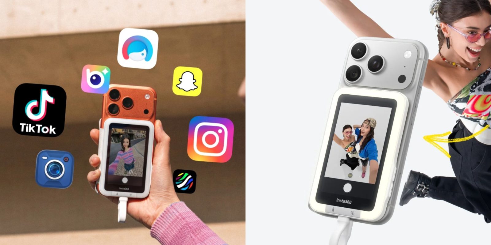 A hand holding a cellphone with a camera and a camera with icons