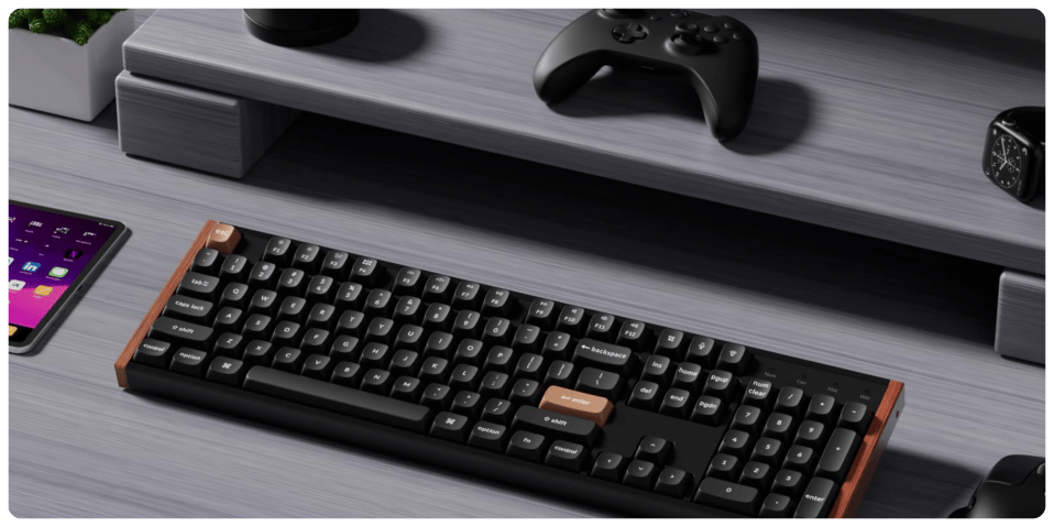 A keyboard and controller on a shelf