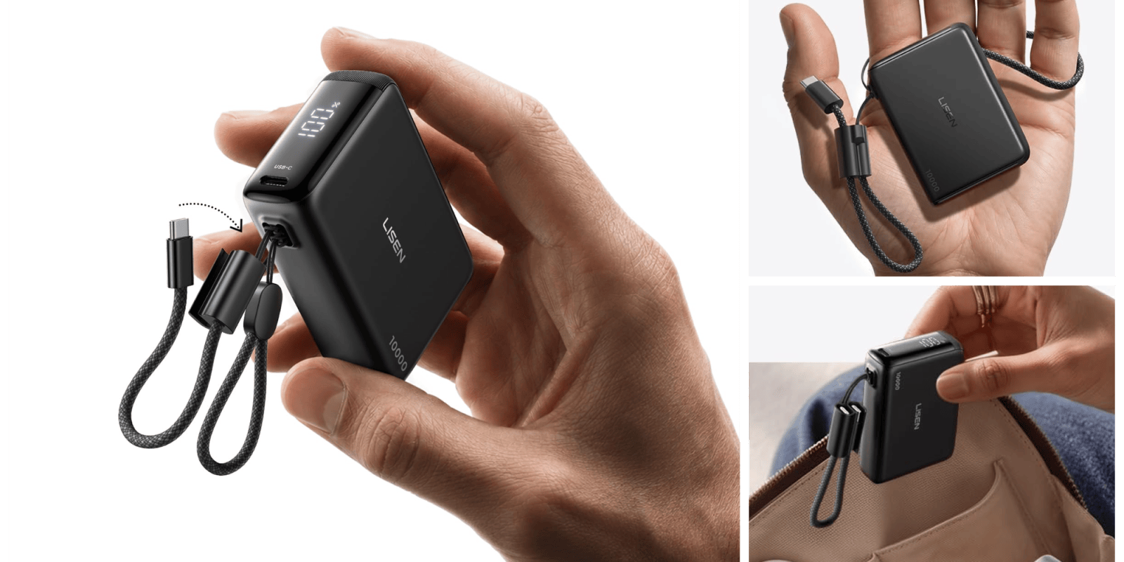 A hand holding a small black device