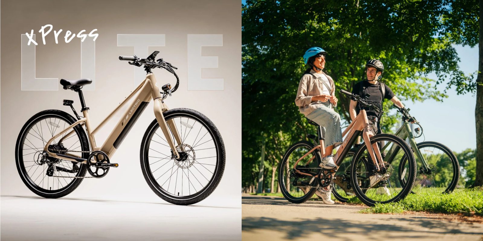 A collage of two people riding bicycles