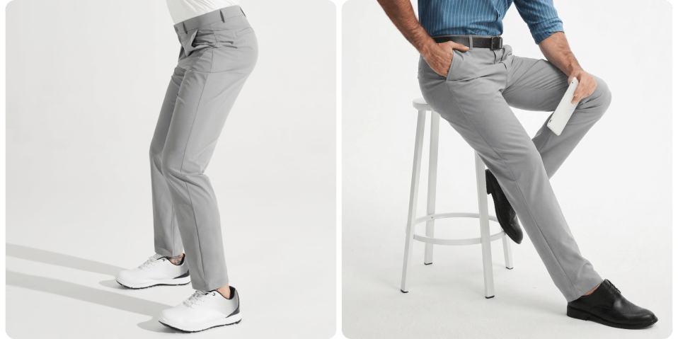 A man in grey pants and a man in black shoes