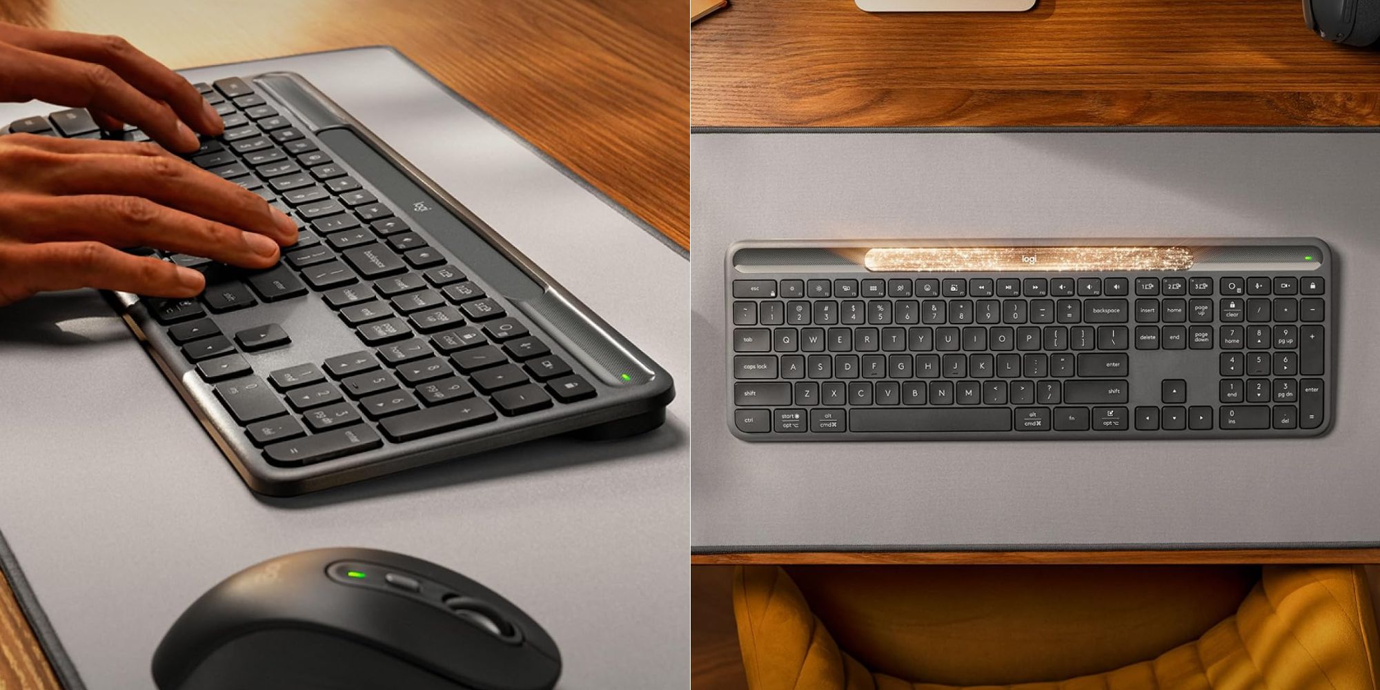A computer keyboard and mouse on a desk