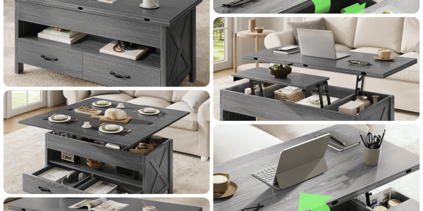 A collage of a table with a laptop and a coffee table