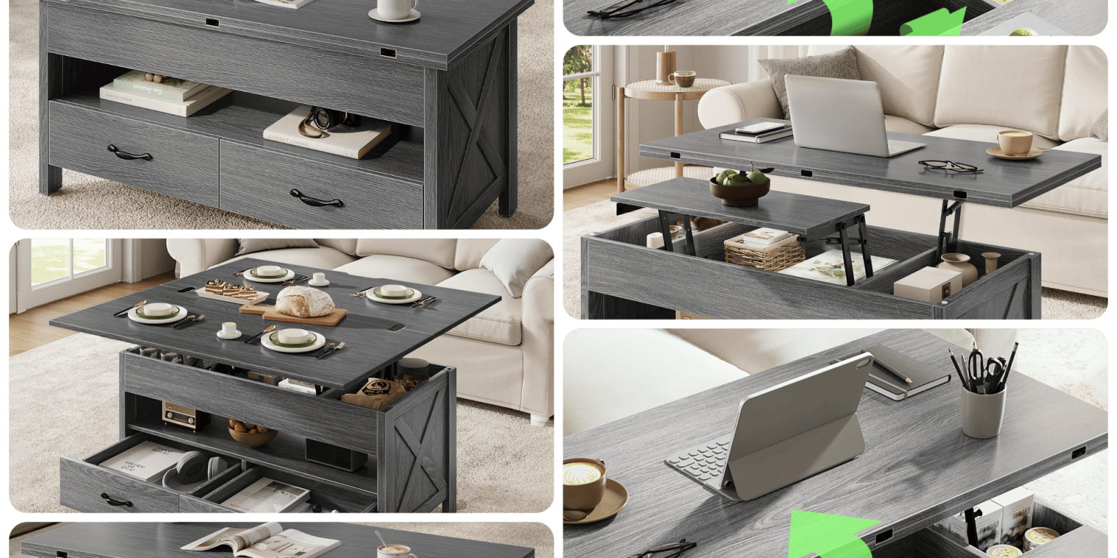 A collage of a table with a laptop and a coffee table
