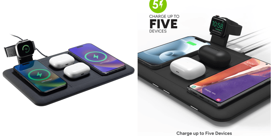 A phone charging station with a cell phone and a cell phone
