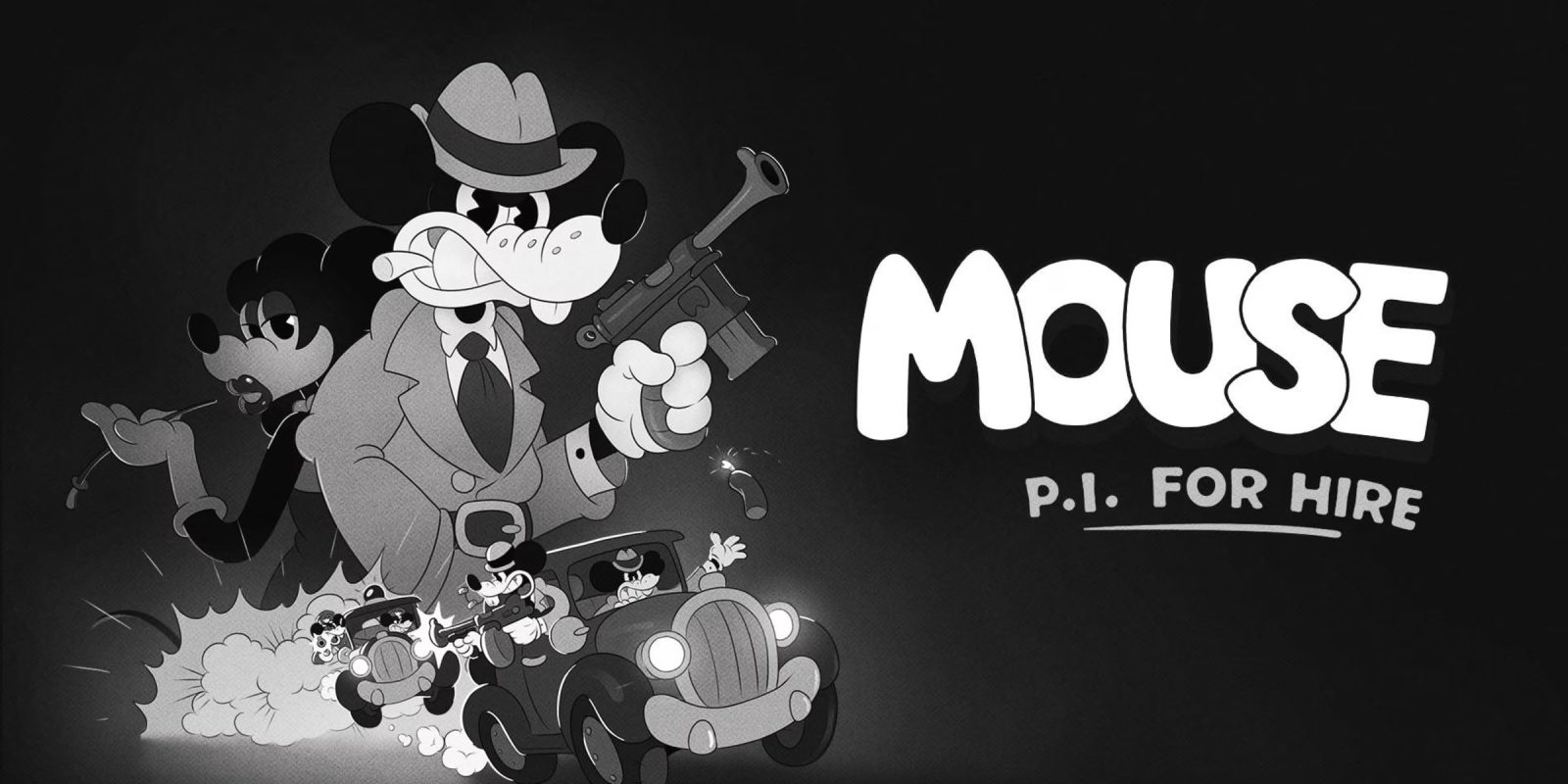 Cartoon mouse with a gun and car