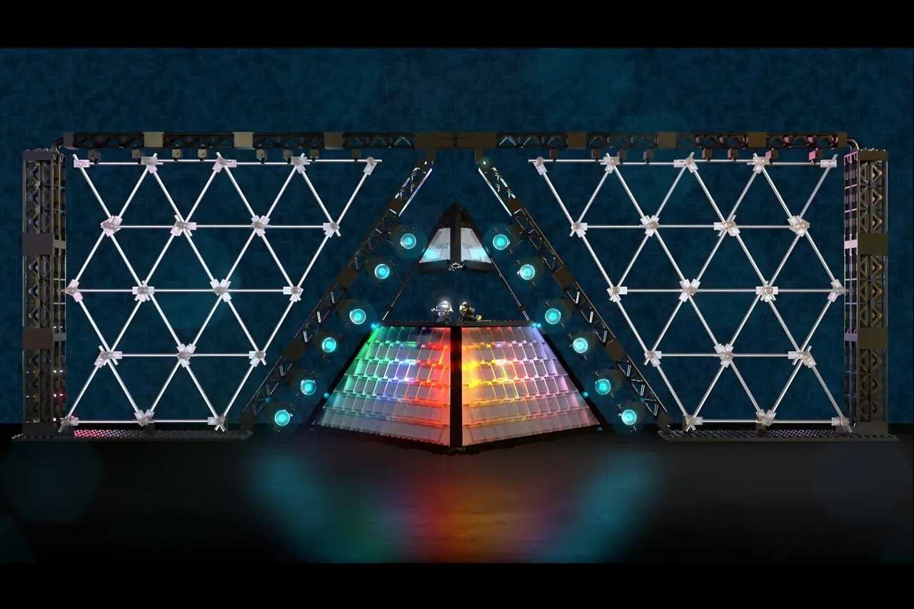A pyramid shaped structure with lights