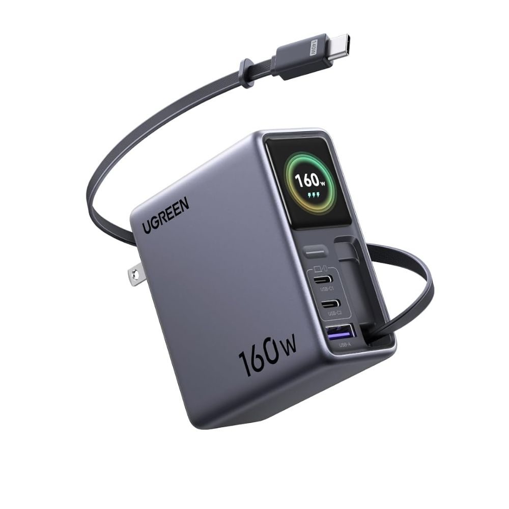 A black rectangular device with a black cable