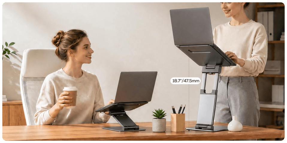A woman sitting at a desk with a laptop and a cup of coffee